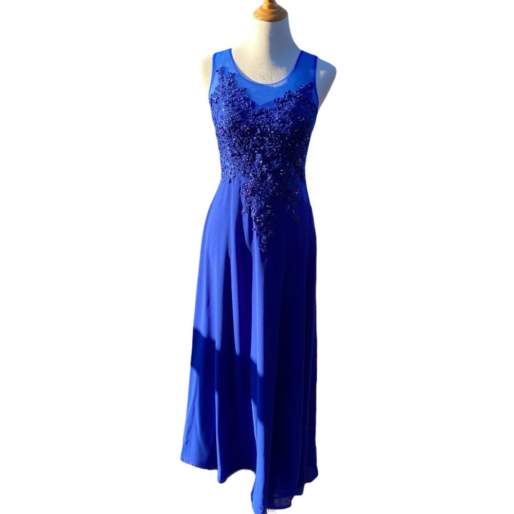 Formal Prom Long  Dress Blue Beaded Mesh 4 - Picture 8 of 12